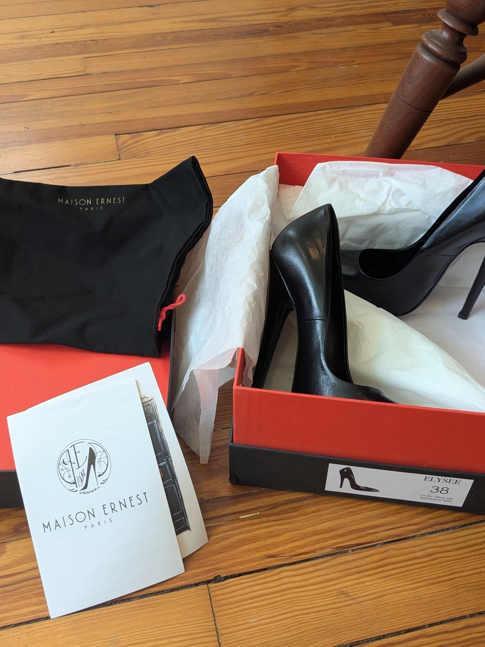 Maison Ernest Elysee Black Leather Stiletto Heels with Box
